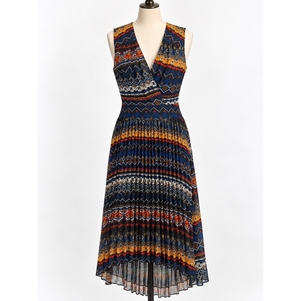 Plenty by Tracy Reese Pleated Midi Dress Womens S Blue Fair Isle Boho NWT